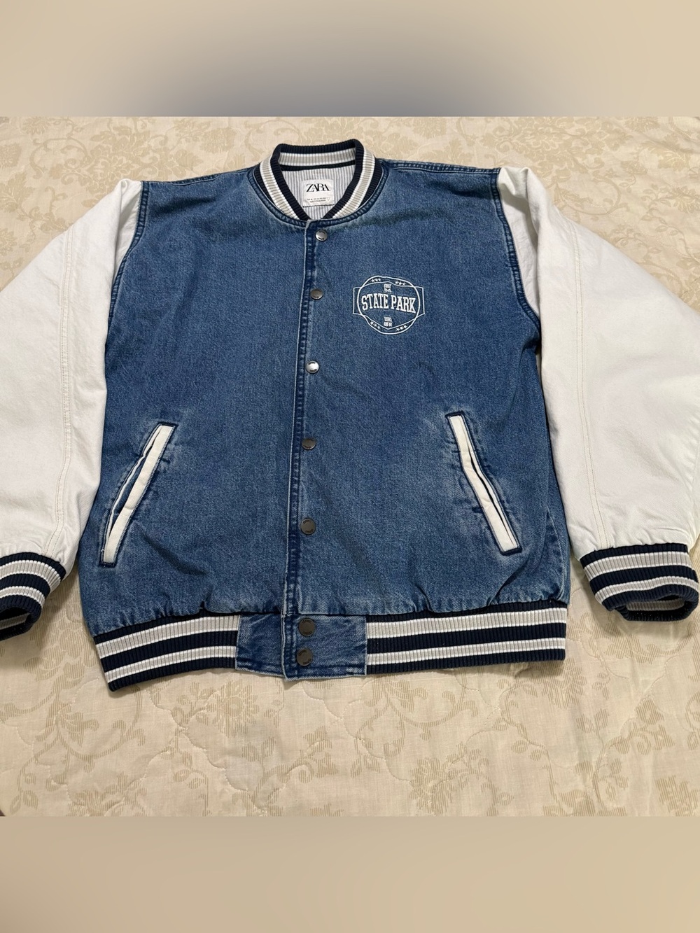 Zara Men’s State Park Denim Varsity Bomber Jacket Blue White Size M